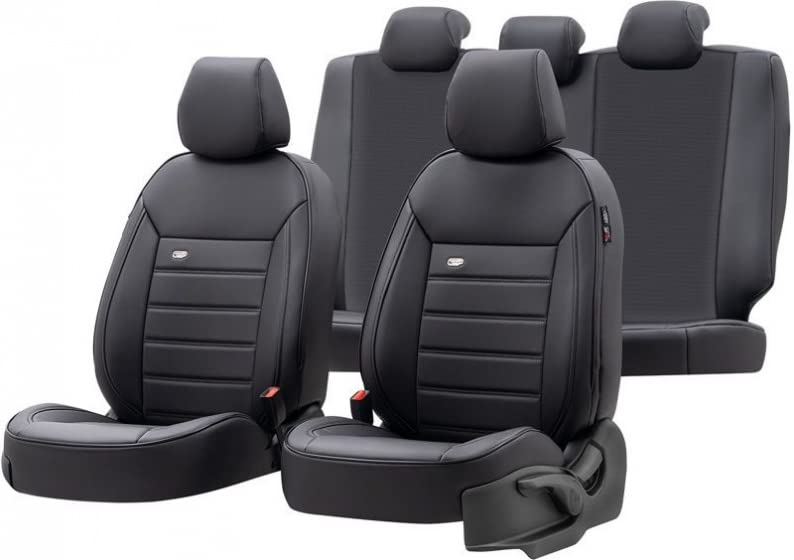 otoM Universal Full-Leather Seat cover set 'Premium' Black + Red trim - 11-pieces - compatible with Side-Airbags