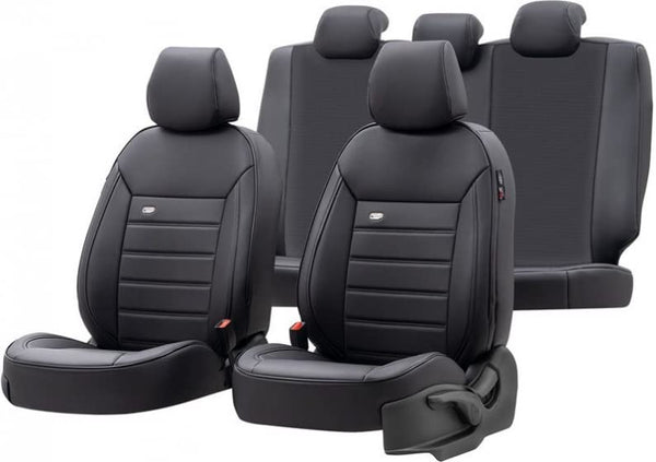 otoM Universal Full-Leather Seat cover set 'Premium' Black + Red trim - 11-pieces - compatible with Side-Airbags