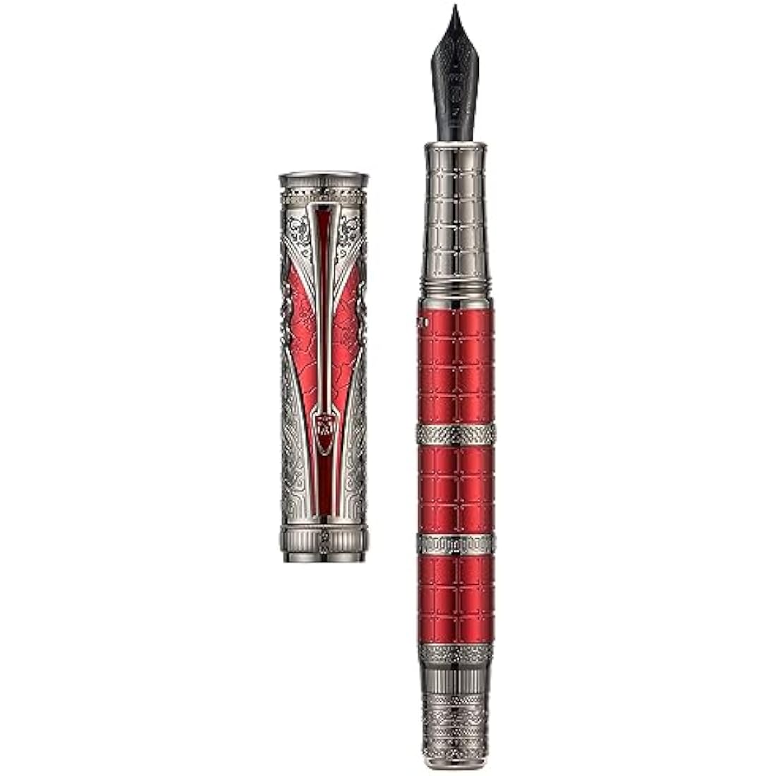 Hongdian D5 Qin Dynasty Fountain Pen Red Silver Extra Fine Nib Piston Fill Pen Retro Chinese Totem Engraving Smooth Writing Fountain Pen with Pen Box Set