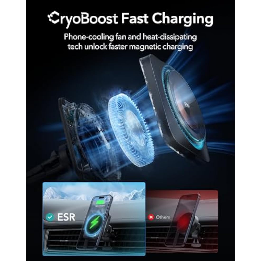 ESR for 15W MagSafe Car Mount Charger - CryoBoost Phone Cooling Faster Charging, Air Vent/Dashboard Magnetic Wireless Car Charger for iPhone 16 15 14 13 12 Pro Max Plus Mini, S25, MagSafe Accessories