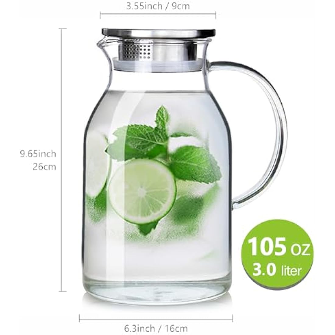 105OZ Glass Pitcher with Lid and Spout - High Heat Resistance Pitcher for Hot/Cold Water & Iced Tea (3.0L)