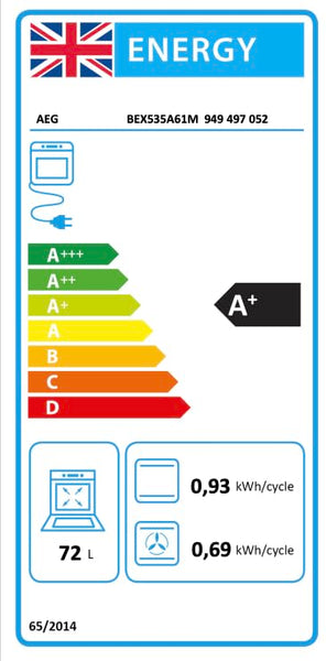 AEG 3000 Series Surroundcook Integrated Oven BEX335011B, 72L Multilevel Cooking, Turbo Grill, Defrost, Led Display, XL Baking Tray, Aqua Clean, Built-in Oven 590x560x550mm, Class A+++ Black
