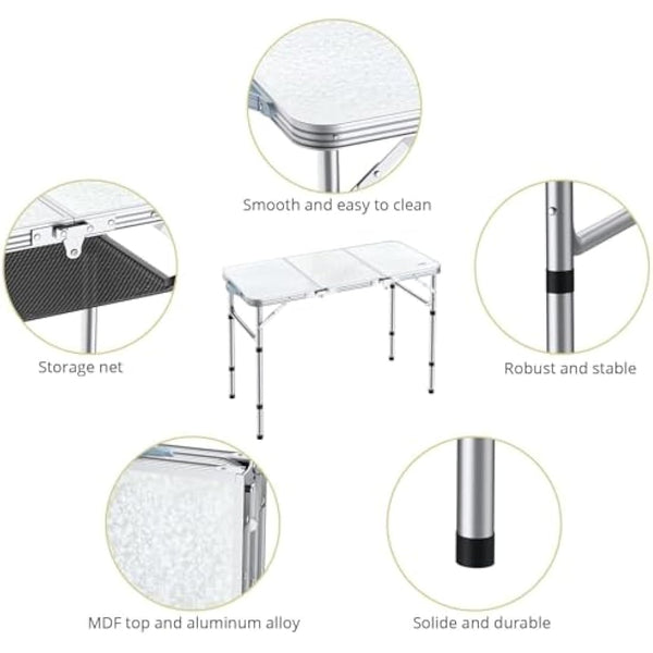 Anbte Folding Camping Table, 88 cm x 40 cm Aluminum Folding Table 3 Adjustable Height, Camping Table with Storage Net and Bag, Portable Table for Outdoor, Backyard, Picnic, Garden, BBQ, Silver