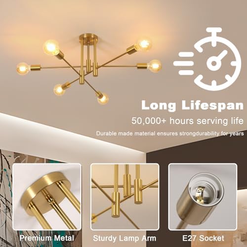 Dorlink Sputnik Ceiling Light, 6-Light Gold Adjustable Modern Ceiling Lamp, E27 Mid Century Metal Light Fittings Ceilings for Living Room, Dining Room, Kitchen, Bedroom (Electroplated Gold)