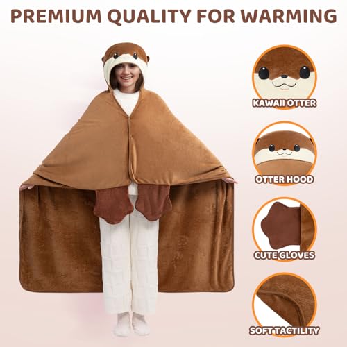 Mewaii Oversized Wearable Blanket Hoodie  Kawaii Otter Hooded Cloak, Soft Plush Flannel Blanket Hoodie, Unisex Cozy Blanket for Kids, Women,