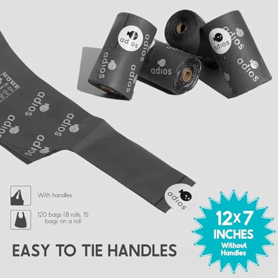 Adios Plastic - Compostable Dog Poop Bags with Handles, 360 Count (24 Rolls) - Grey - Extra Thick, Leakproof, Odour Proof Dog Waste Bags - Made from Compostable Cornstarch - Easy Tear Rolls