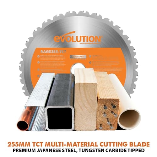 Evolution Power Tools R255TBLX+ Table Saw With Stand (Next Gen Rage 5-S) Multi-Material Cutting Blade Included Cuts Wood Metal Plastic, 45˚ Bevel, +/- 60˚ Mitre Angle, 85mm Cut Depth, 1800w Motor 240v