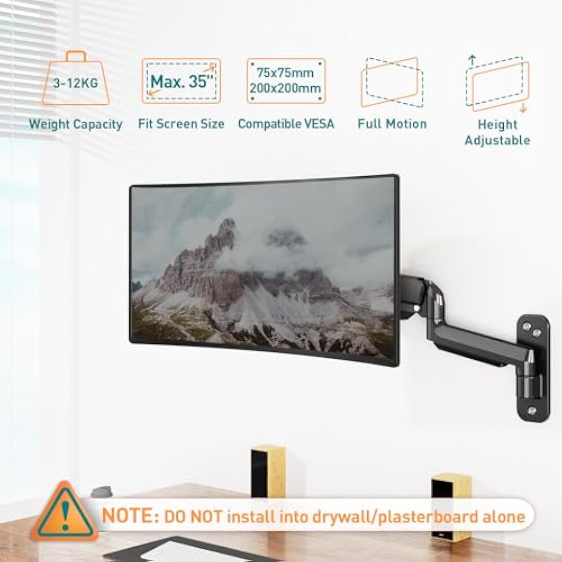 ELIVED Monitor Wall Mount for Most Max 35 inch Screens, Gas Spring Single Monitor Arm with VESA Extension Kit for VESA 75x75, 100x100, 100x200, 200x100, 200x200, Support 3-12KG Display EV6023