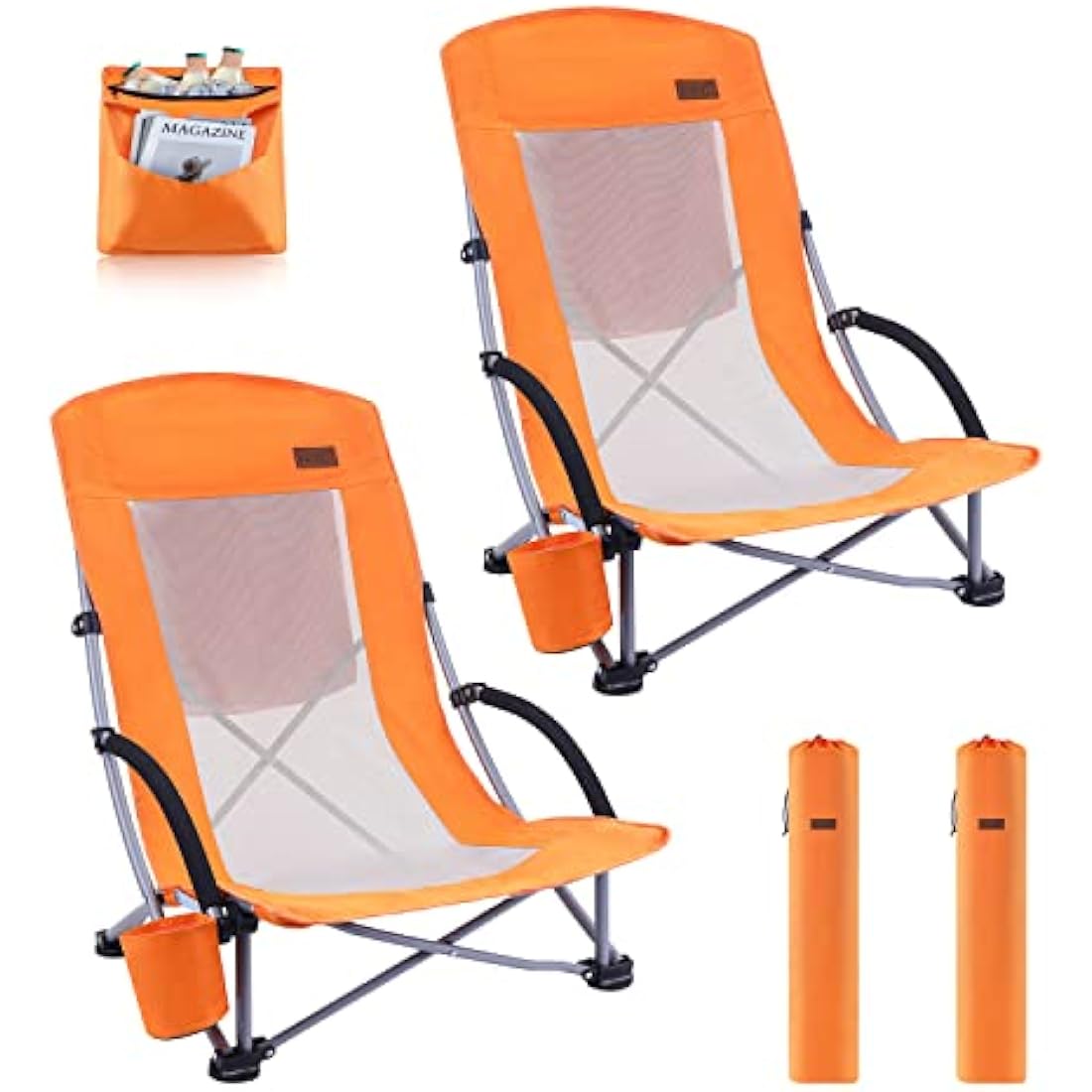 Nice C Beach Camping Chair, Folding Chair w/Cooler High Back, Ultralight Chair with Cup Holder & Carry Bag Compact & Heavy Duty Outdoor, Camping, BBQ, Beach, Travel, Picnic, Festival (2 Of Orange)