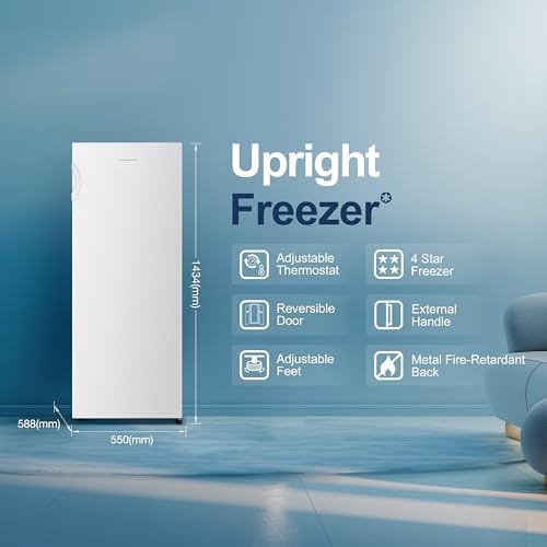 Fridgemaster MTZ55153E Freestanding Upright Freezer, 165 Litres, 143 cm Tall, 4 Star Freezer Rating, 55cm width, E Rated in White