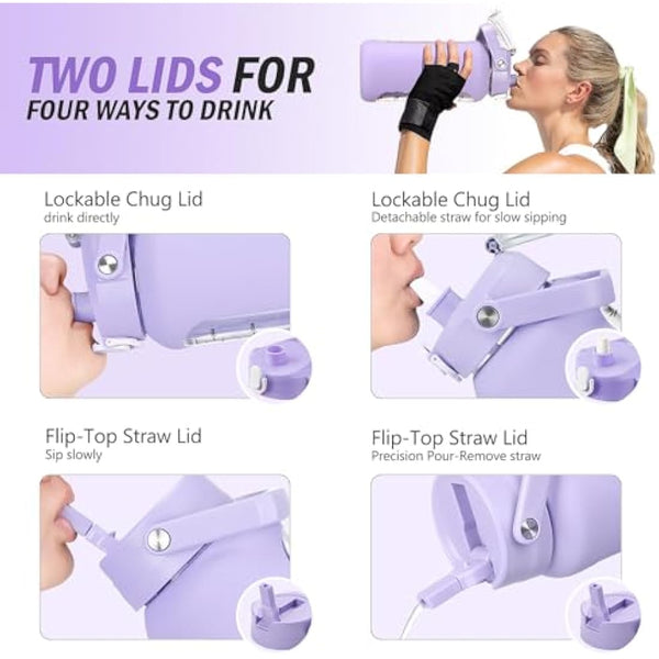 HYDRAGLAZIC 2L Glass Water Bottle with 2 Lids Flip and Chug Lids 2 Liter Large Water Jug with Time Marker and Silicone Sleeve BPA Free Leak-proof for Sports Gym, Purple