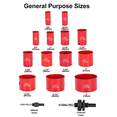 Ecotown 23-Piece Bi-Metal Hole Saw Kit - M42 High-Speed Steel Cutter Set (3/4" / 19mm to 3" / 76mm) for Soft Metal, Plywood, PVC, Plastic and Soft Aluminum- Heavy Duty Deep Hole Cutter Set