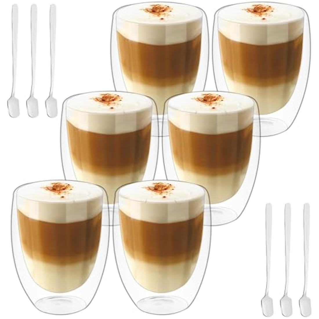 6x350ml Double Walled Glass Coffee Mugs with Spoon, Heat Resistant, Clear Double Glass Coffee Cups for Cappuccino Latte Tea Juice Milk Ice Cream