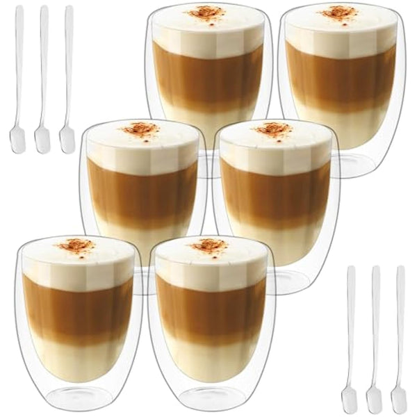 6x350ml Double Walled Glass Coffee Mugs with Spoon, Heat Resistant, Clear Double Glass Coffee Cups for Cappuccino Latte Tea Juice Milk Ice Cream