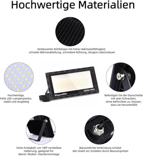Wegoodlife 600W LED Outdoor Spotlight, Super Bright 60000LM, 6500K Cool White, IP66 Waterproof Floodlight, 50cm Cable, Outdoor Light for Garden, Backyard, Hallway