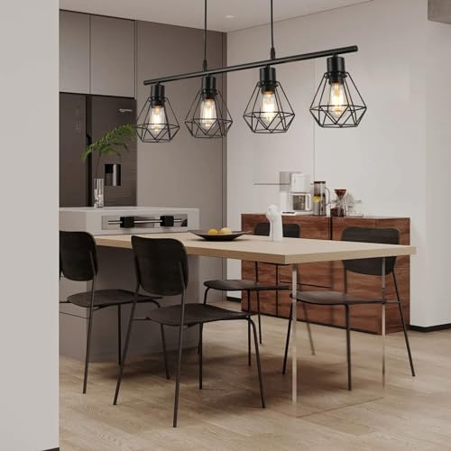 FORCOSO Pendant Lights 4 Lights, Industrial Metal Caged Ceiling Light Fittings E27 Black Hanging Lamp Light Fixture for Kitchen Island Dining Room