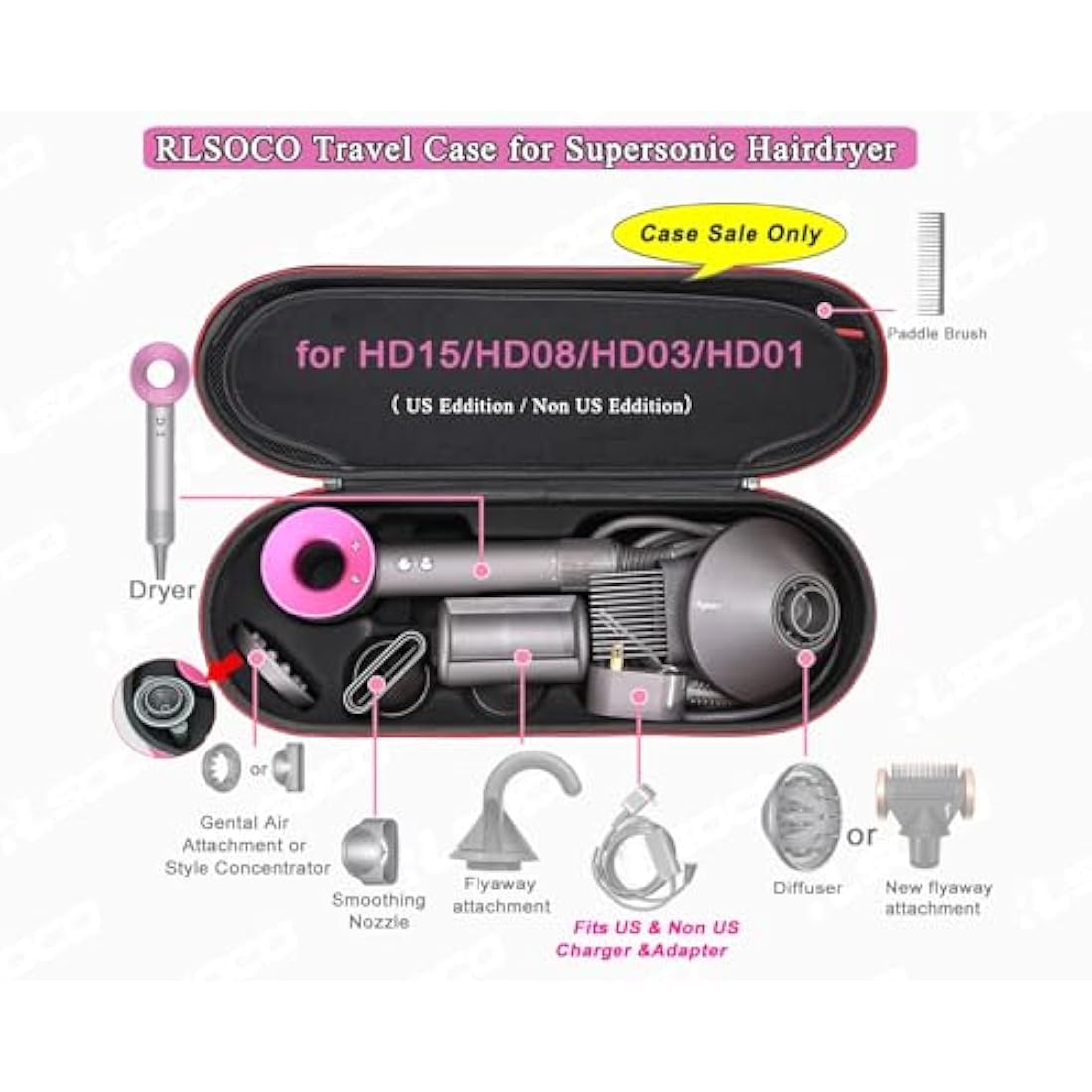 Hard Case for Dyson Supersonic Hair Dryer Iron/Fuchsia-Fits Ful Hair Dryer Accessories & Model HD15/HD08 by RLSOCO（Deep Pink）