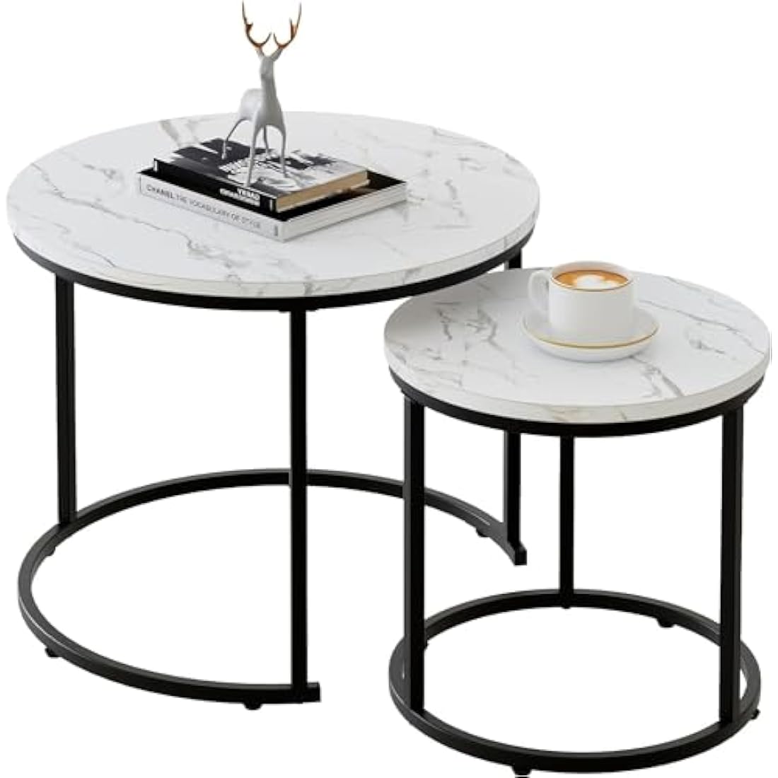 Huhote Round Coffee Tables, Set of 2 End Table, Nesting Tables, Side Table with Metal Frame for Living Room/Bedroom/Balcony/Office/Apartment, Diameter 23.6/15.7 IN (Black Frame, White Marble Top)