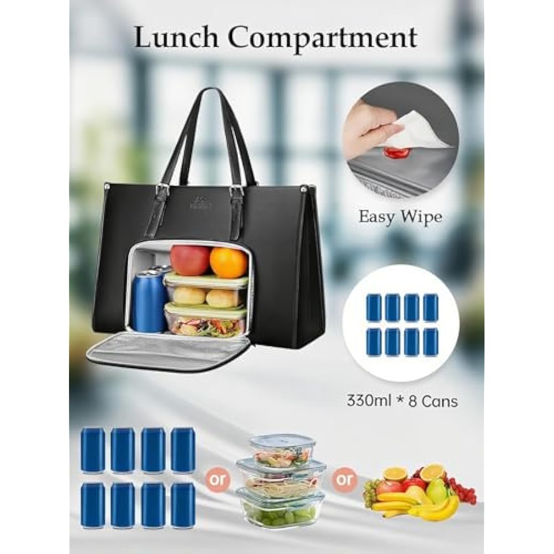 MATEIN Laptop Bags for Women with Insulated Leakproof Lunch Compartment, 15.6 Inch PU Leather Briefcase, Laptop Tote Work Bag with an Adjustable Handle, Designer handbag for School, Office, Black