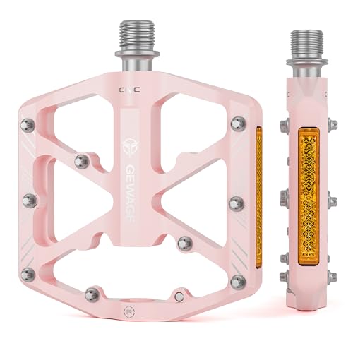 GEWAGE Bike Pedals With Reflective Strips, 3 Sealed Bearings Non-Slip CNC Aluminum Bicycle Platform 9/16" Pedals For Road Bike MTB E-Bike. (Pink)