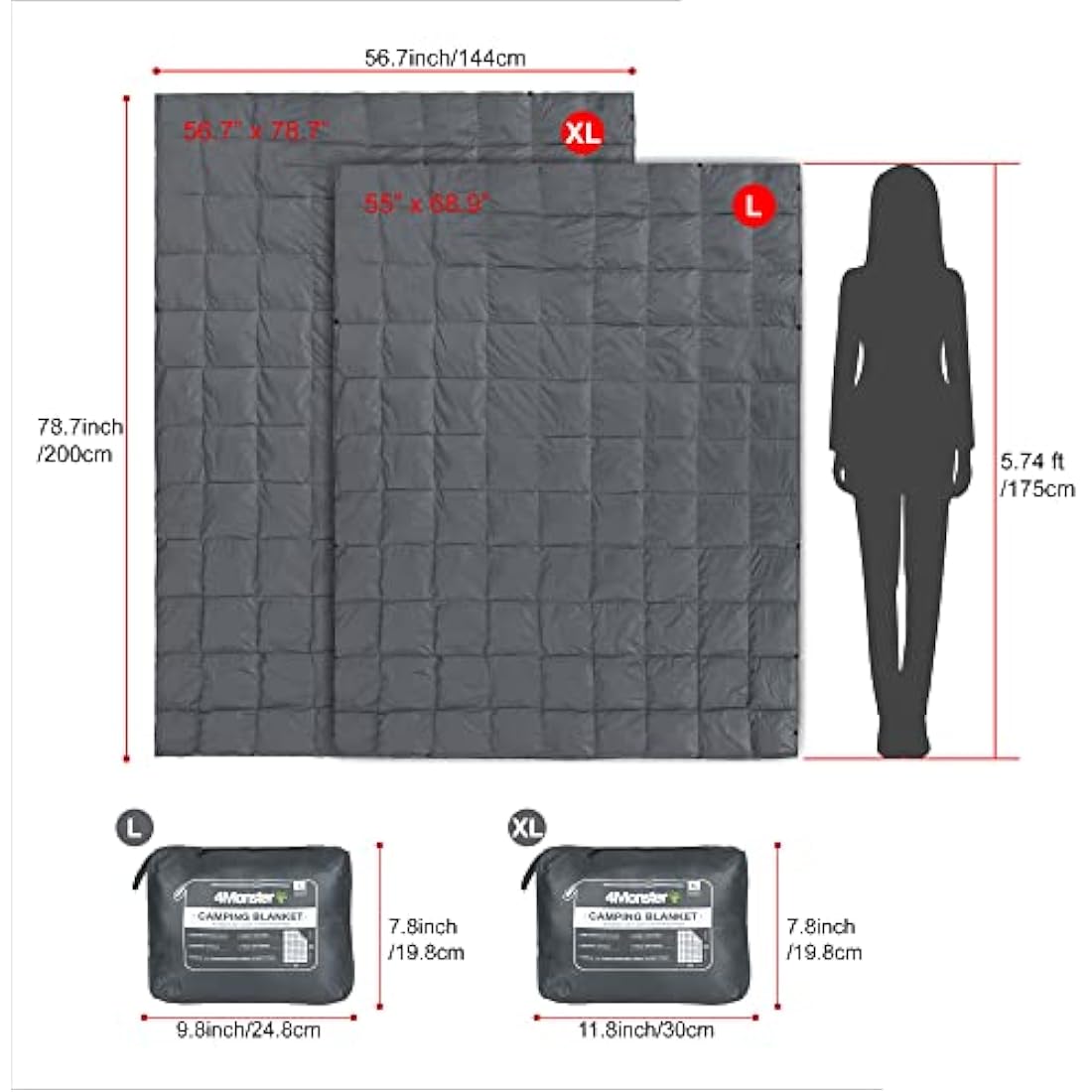 4Monster Camping Blanket Packable, Camping Quilt, Insulated Blanket Hammock Quilt, Camping Blanket for Cold Weather, Picnic, Hiking, Airplane, Travel, Beach, Stadium, Outdoor Gear, Grey, XL