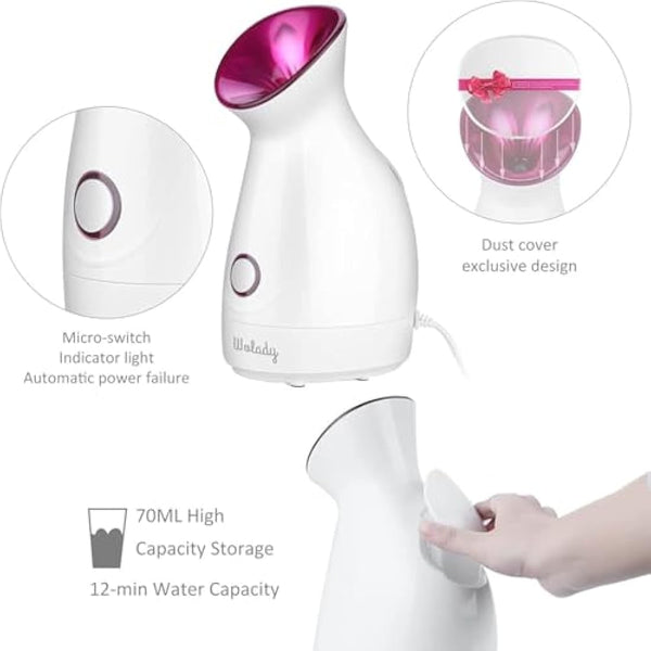 Facial Steamer, Wolady Nano Ionic Face Steamer for Pores with UV Light Hot Mist Moisturizing Sprayer Home Sauna SPA Bonus Blackhead Extractor Kit (Pink)