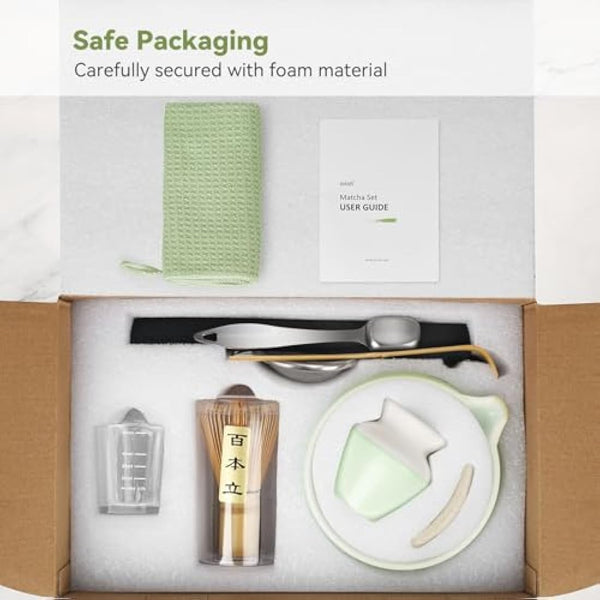 Joiish 10-Pcs Matcha Set, Bamboo Whisk and Bowl with Spout & Measuring Spoon, Chasen Holder, Sifter, Complete Matcha Tea Kit (Light Green)