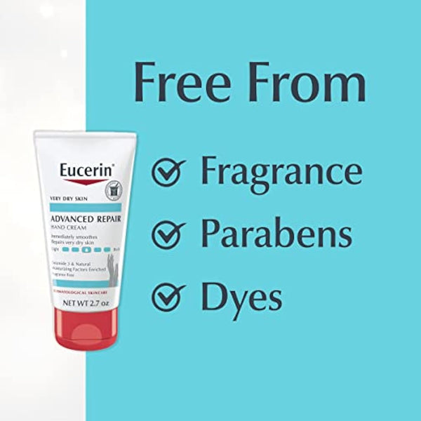Eucerin Advanced Repair Hand Cream - Fragrance Free, Hand Lotion for Very Dry Skin - 2.7 oz Tube (Pack of 3)