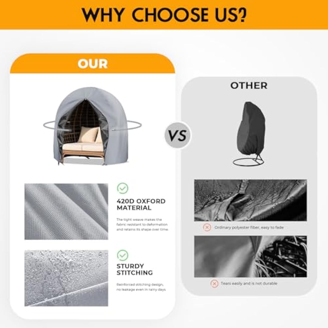 Double Egg Chair Cover - Waterproof, Hanging, 420D Heavy Duty, Oxford Fabric, Windproof, Anti-UV, 230 x 200cm (Grey)