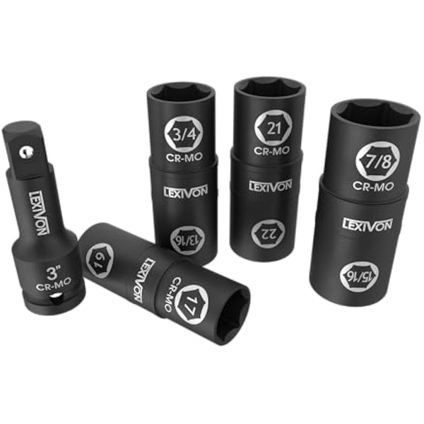 LEXIVON Lug Nut Impact Socket Set, 1/2-Inch Drive | Innovative 8-in-4 Flip Socket Design, Covers Most Commonly Used Inch & Metric Wheel Nuts | Cr-Mo Steel = Full Impact Grade (LX-110)