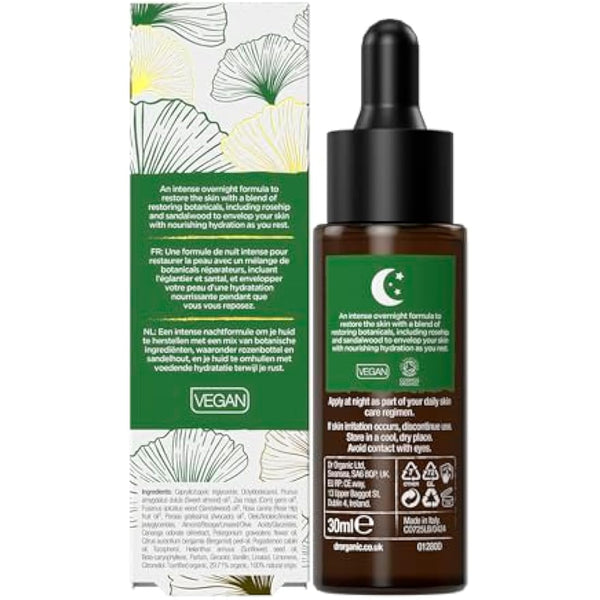 Dr Organic Evoke Tranquility Overnight Recovery Oil, Hydrating Night Serum, Restore Skin, with Rosehip & Sandalwood, Vegan, Natural, Certified Organic, 30ml