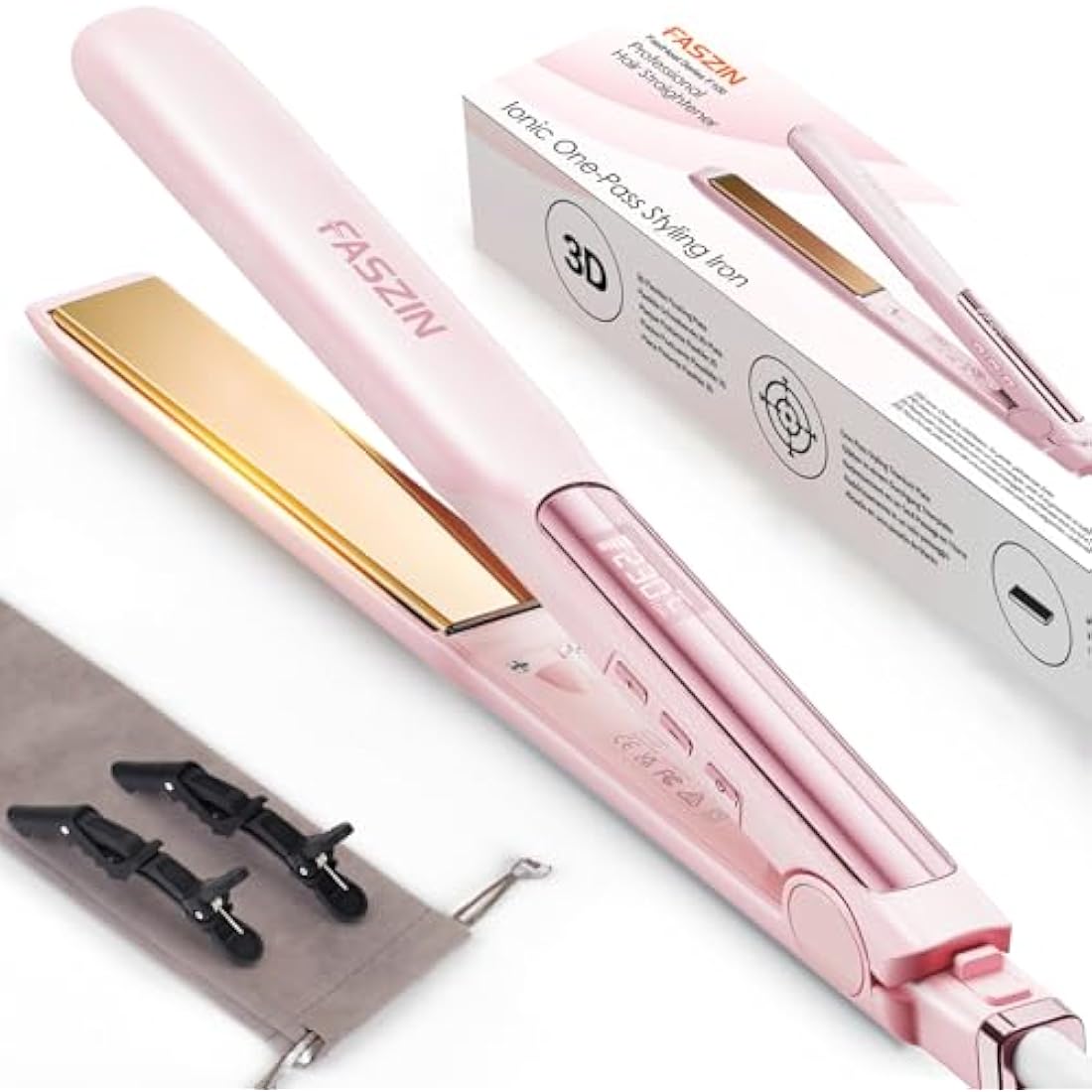 Faszin Hair Straighteners, Ionic Titanium Plate for Smooth Shiny Results, 20S Fast Heat Up Flat Iron, Clear LCD Display (Pink)