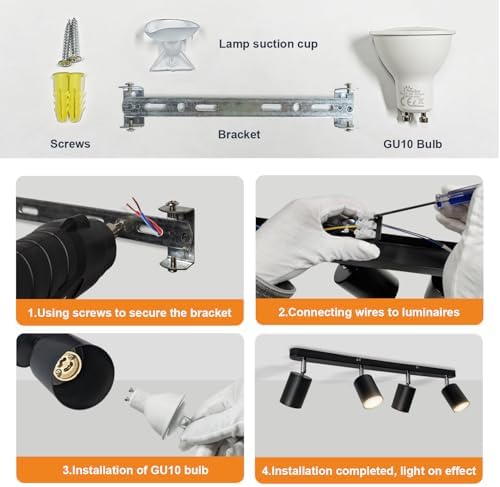 Sweier 4 Way Rotatable Black GU10 Ceiling Spotlight, 4x5W Cool White 6000K Adjustable Ceiling Light (Bulb Provided), Black Spotlights Strip for Living Room, Bedroom, Hallway, Kids Room, Kitchen