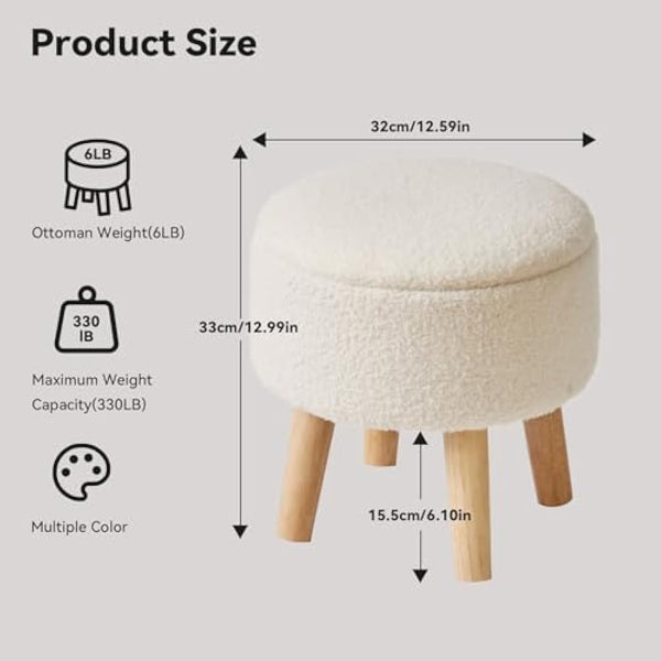 IBUYKE 13 Inch Small Footstool Ottoman with Storage, Round Pouffe Foot Rest with Padded Seat and Wood Legs, Teddy Velvet Mini Footstool for Living Room Couch Bedroom Entryway, Cream WBD006W