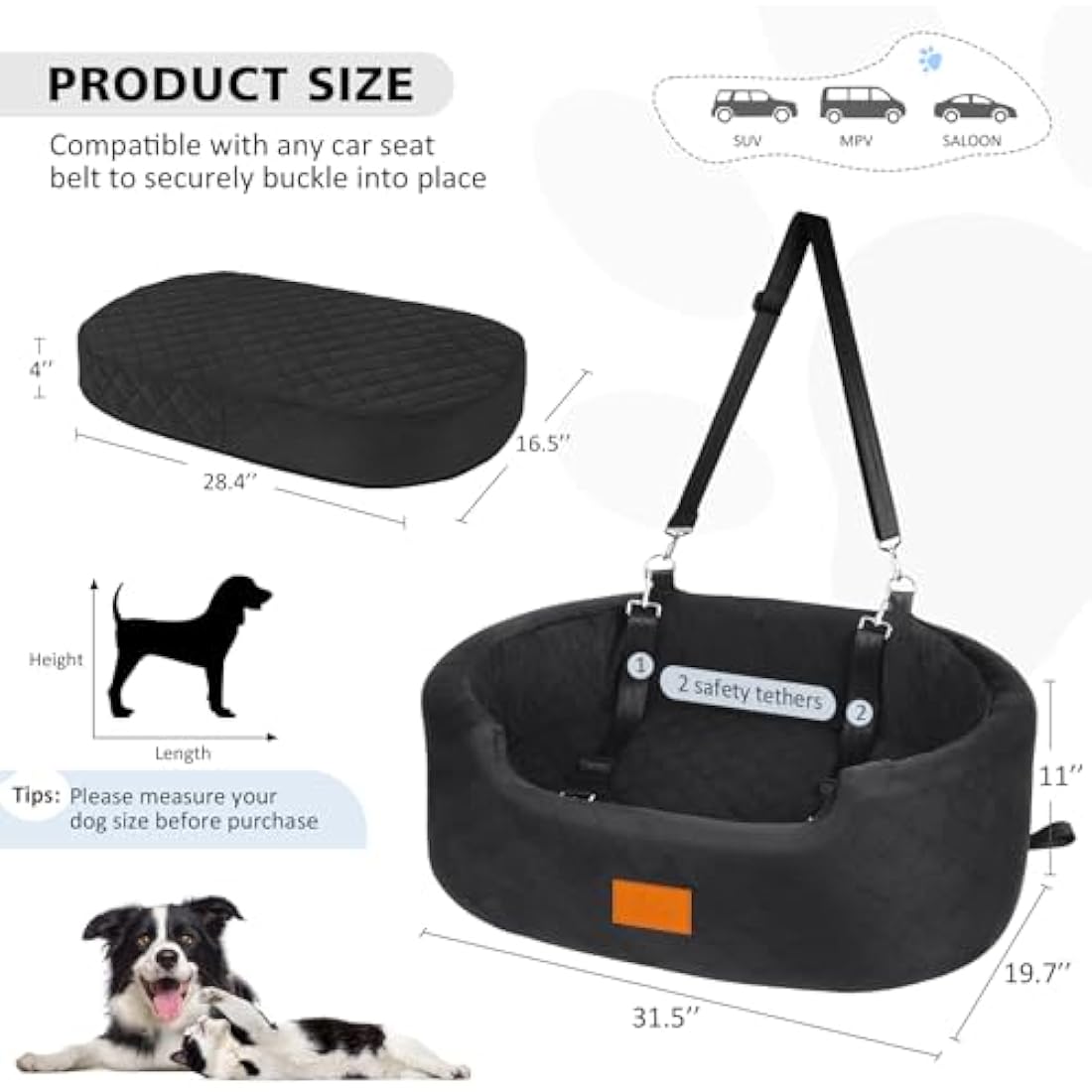 Dog Car Seat for Large/Medium Dogs Under 55 lbs, Travel Bed with thick Washable Booster Pet Car Seat with Non-Slip Base, Fits SUV & Car Back Seat (Black)