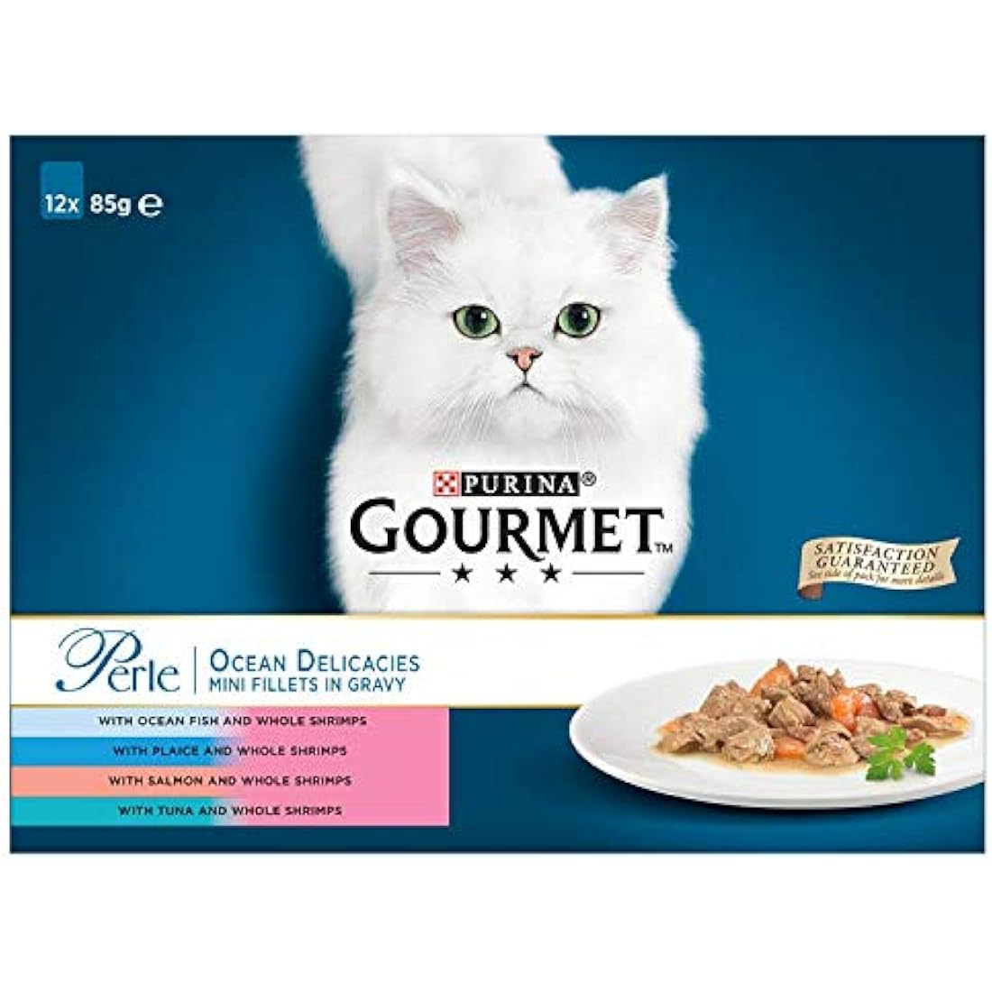 GOURMET Perle Mini Fillets in Gravy Ocean Delicacies (Salmon,Tuna,OceanFish,Plaice) Wet Cat Food Pouch 12x85g, Pack of 4