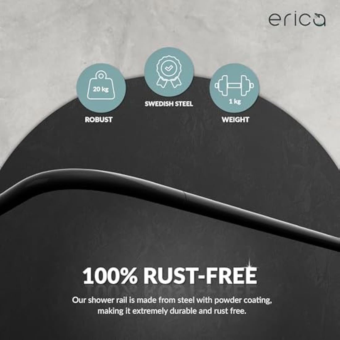 Erica Shower Curtain Rail for Bathtubs, L-Shaped Shower Curtain Pole in three varations 70x90cm / 70x160 cm / 90x140 cm, Wall Mounted Shower Pole, Curved Shower Rail, Black Powder Coated Steel