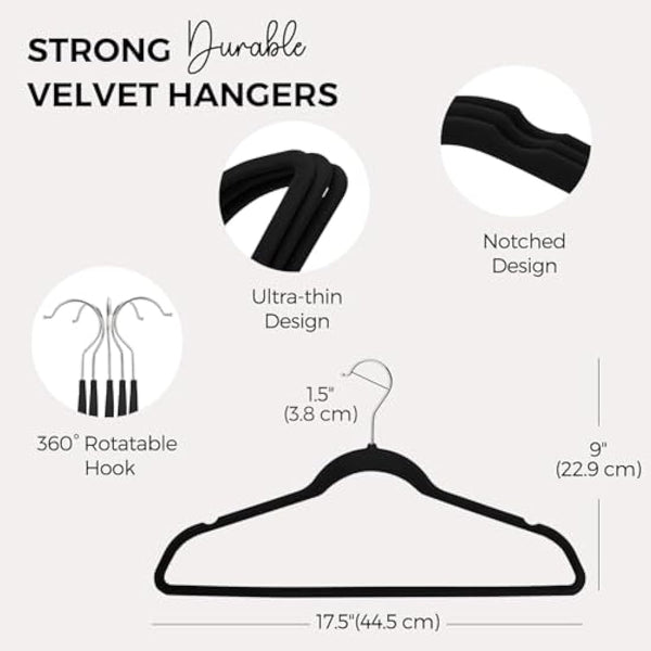 HOUSE DAY Black Velvet Hangers 60 Pack-Premium Clothes Hangers Non-Slip Felt heavy Duty Coathanger, Durable Suit Hanger for Space Saving, No Hanger Marks 360 Rotating (Tranquil Black)
