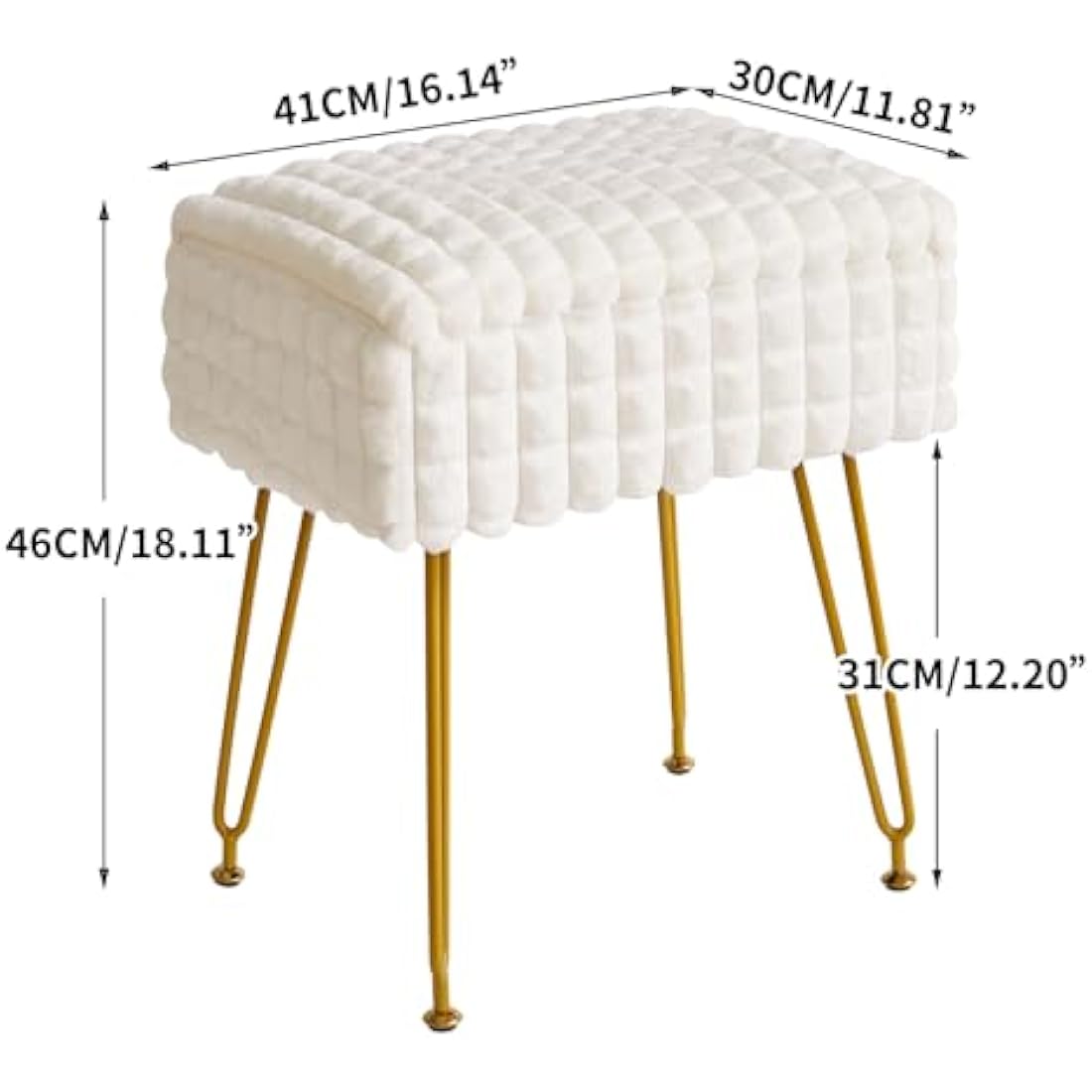 IBUYKE Rectangle Vanity Chair with Storage Space, Footrest Footstool Ottoman, Vanity Stool, Dressing Table Chair, with Anti-Slip Feet, for Makeup Room, Bedroom, Square grid pattern, White WBD004W
