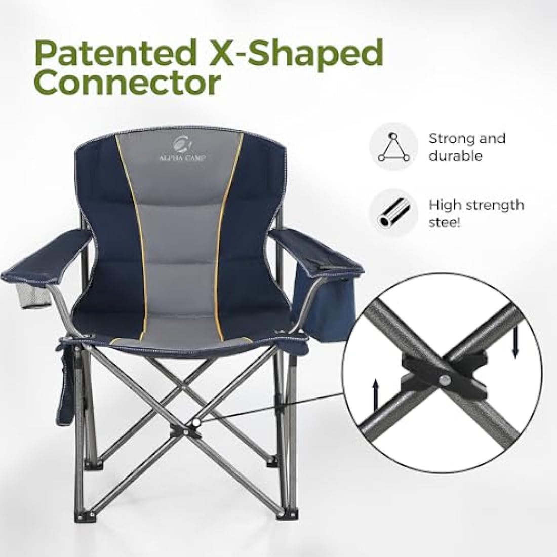 ALPHA CAMP Camping Chairs for Adults Heavy Duty Camping Chair Up to 200 kg Folding Camp Chair with Cup Holder and Cooler Bag for Outdoor Picnic Fishing, Lightweight and Portable, Blue