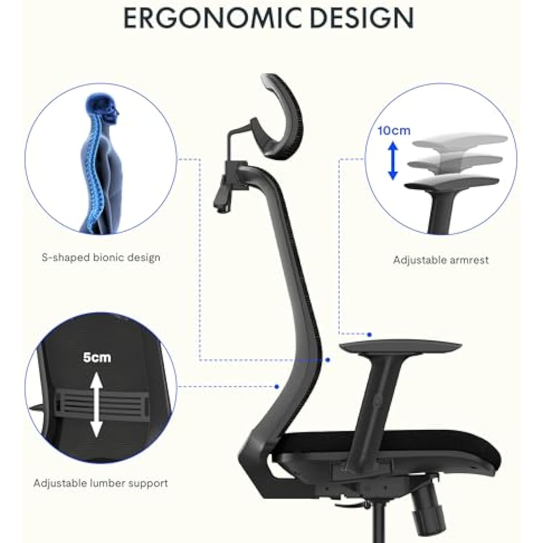 FLEXISPOT OC17 Ergonomic Office Chair with Hanger, 2D Adjustable Armrests & 3D Headrest - High-Back Sponge Computer Chair, Lumbar Support, 360° Swivel for Home and Office, Black