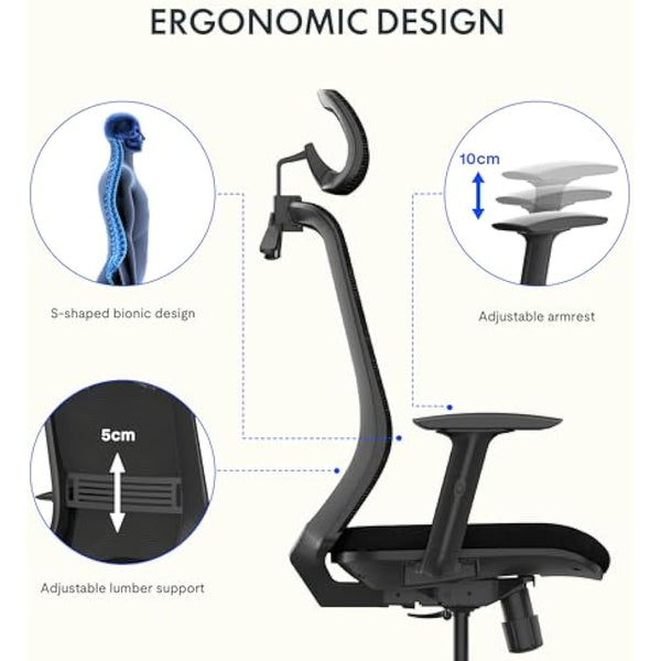 FLEXISPOT OC17 Ergonomic Office Chair with Hanger, 2D Adjustable Armrests & 3D Headrest - High-Back Sponge Computer Chair, Lumbar Support, 360° Swivel for Home and Office, Black