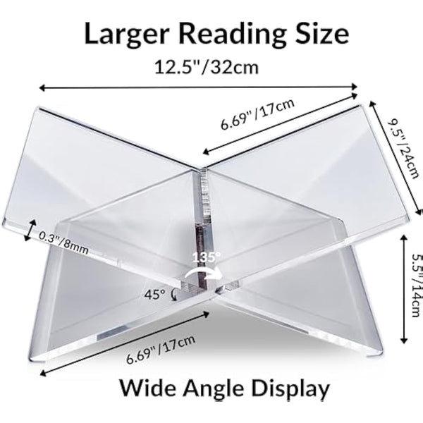 Honygebia Clear Acrylic Book Stands - Cross Frame Acrylic Book Holder, Open Bookstand for Display and Reading, Suitable for Art, Bible, Cookbook, Easel, Magazine, Recipe, Textbooks - 32 x 24 x 14cm