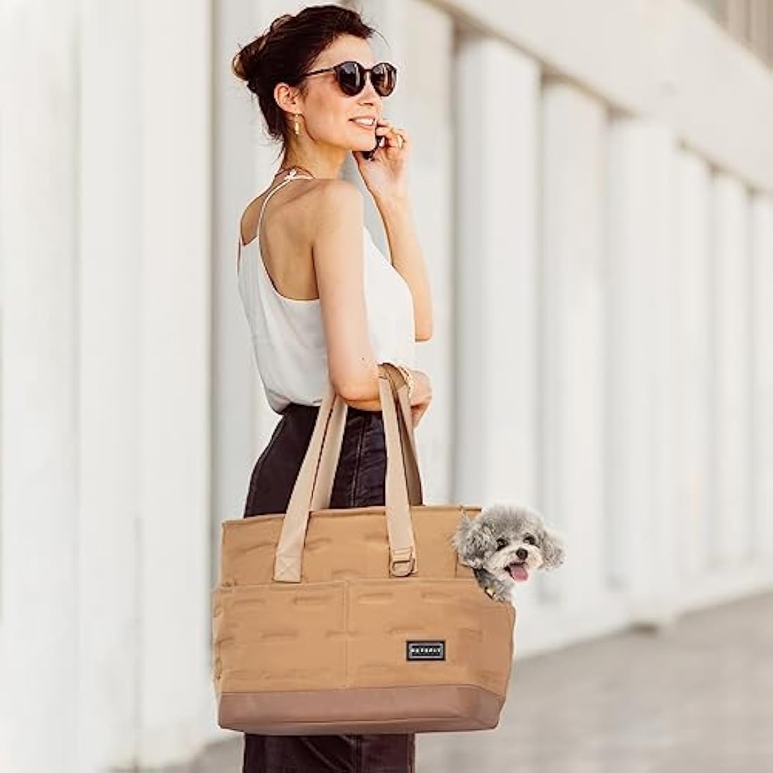 Petsfit Dog Carrier Bag Warm,Dog Tote Bag Pet Carrier with Pockets, Cat carrier Pouch -Adjustable Safety Leash, Poop Dispenser, Waterproof TPU Bottom,Khaki