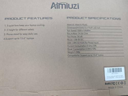 AIMIUZI Laptop Cooling Pad, Laptop Cooler for 12-15.6 Inch Notebooks, Laptop Cooling Stand with 5 Quiet Fans, 5 Height Adjustable, 2 USB Ports, Phone Stand (Black)