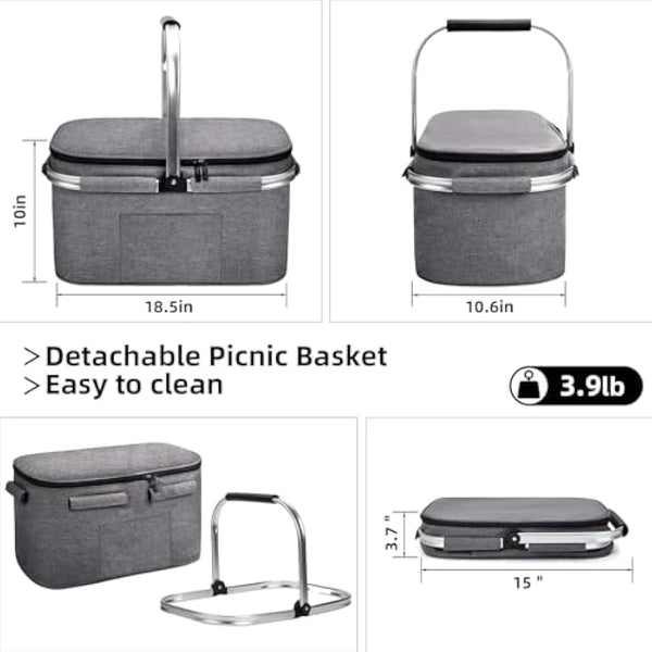 ALLCAMP Cool Bag - Insulated Shopping Basket with Lid, Ice Box Cooler,Removable Picnic Basket for 4 People, Thick Thermal Basket with Aluminum Frame (Large Gray)