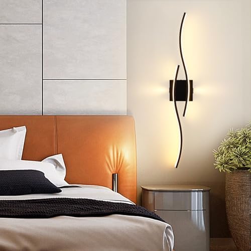 EIDISUNY Led Wall Light, 80cm 28W Black Indoor Modern Wave bar LED Wall Lamp for Living Room Indoor Hallway Bedroom Kitchen Stairs Bedside Vanity Mirror Sconce Light -Black Warm White Light 3000K