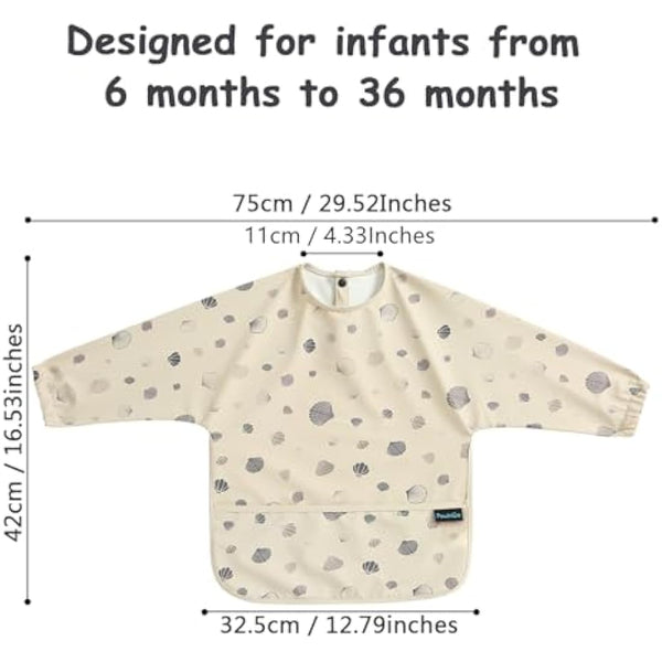 PewinGo Weaning Bib with Long Sleeves & BLW, Soft and Skin-Friendly Material, Coverall Bibs for Baby Feeding, Waterproof and Easy to Clean & Machine Washable,for Baby Infant Toddlers (Beige)