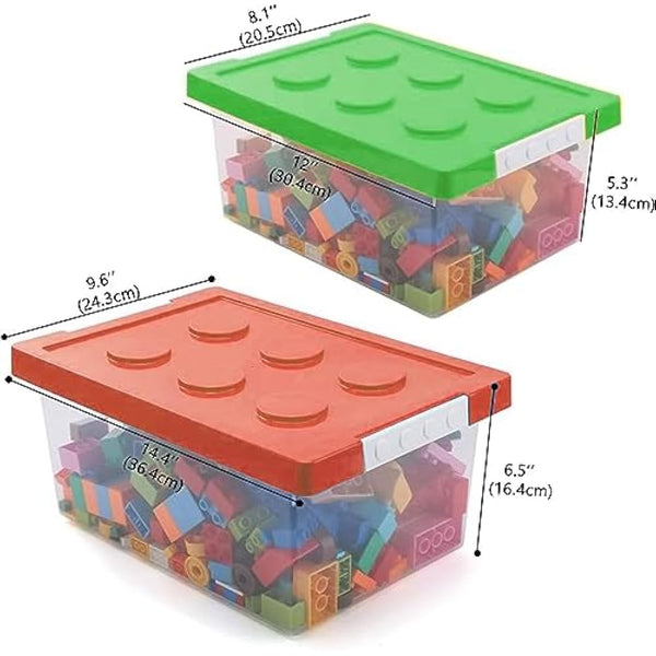 Greentainer Toy Storage Organizer Bins with Lid - Stackable Plastic Organizer Box Set of 2, Kids Toy Chests with Compatible Building Baseplate and Lid, Storage Container for Building Bricks & Toys,Red