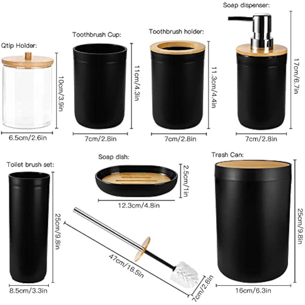JOTOM 7 Pieces Bamboo Bathroom Accessories Bathroom Accessory Set Luxury Plastic Bath Accessories Set Toothbrush Holder Tumbler Toilet Brush Qtip Holder Soap Dish Trash Can Soap Dispenser (Black)